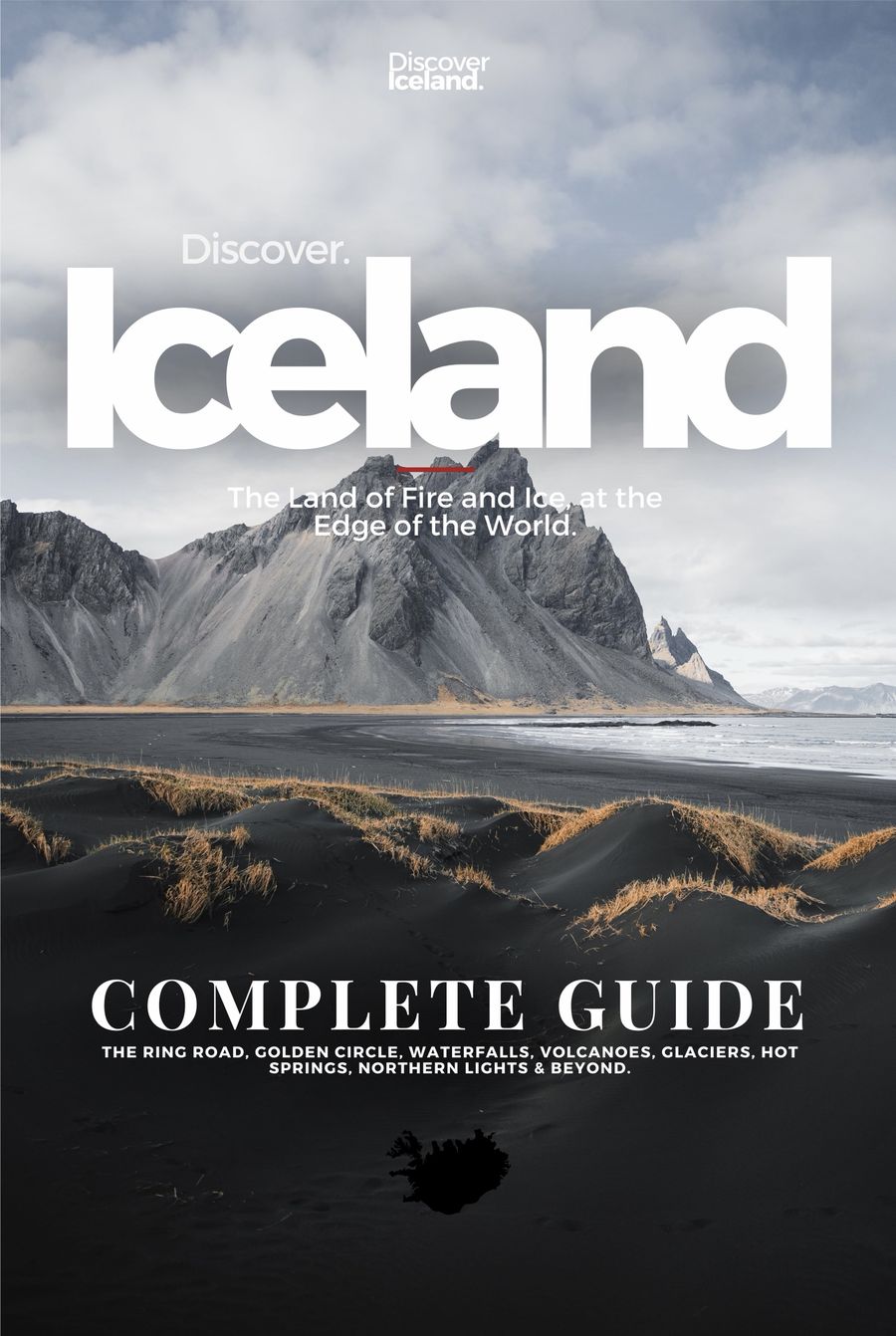 Cover of Discover Iceland, Complete Guide: the Vestrahorn mountain above black sand dunes