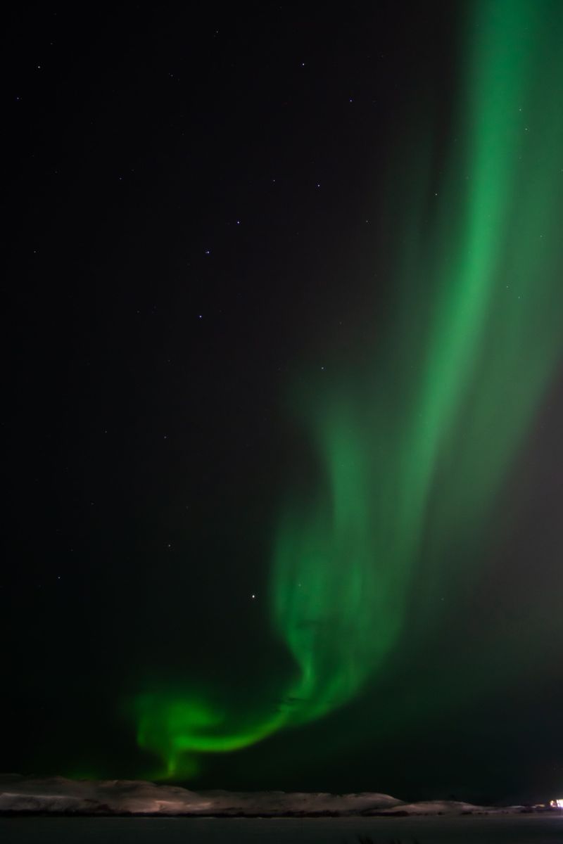 A green aurora curving down to a snowy horizon under a starry sky