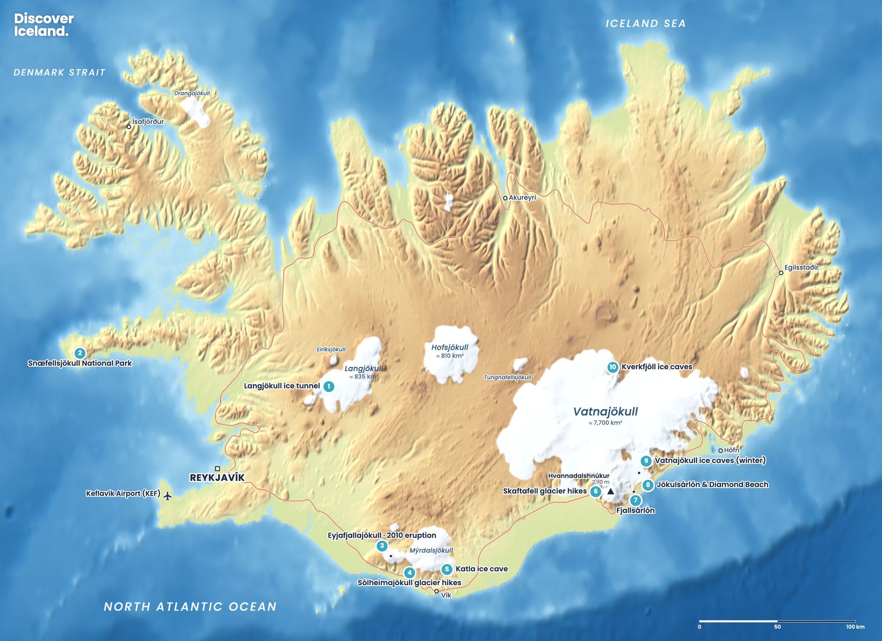 Map of Iceland's glaciers, glacier lagoons, ice-cave and glacier-hike areas