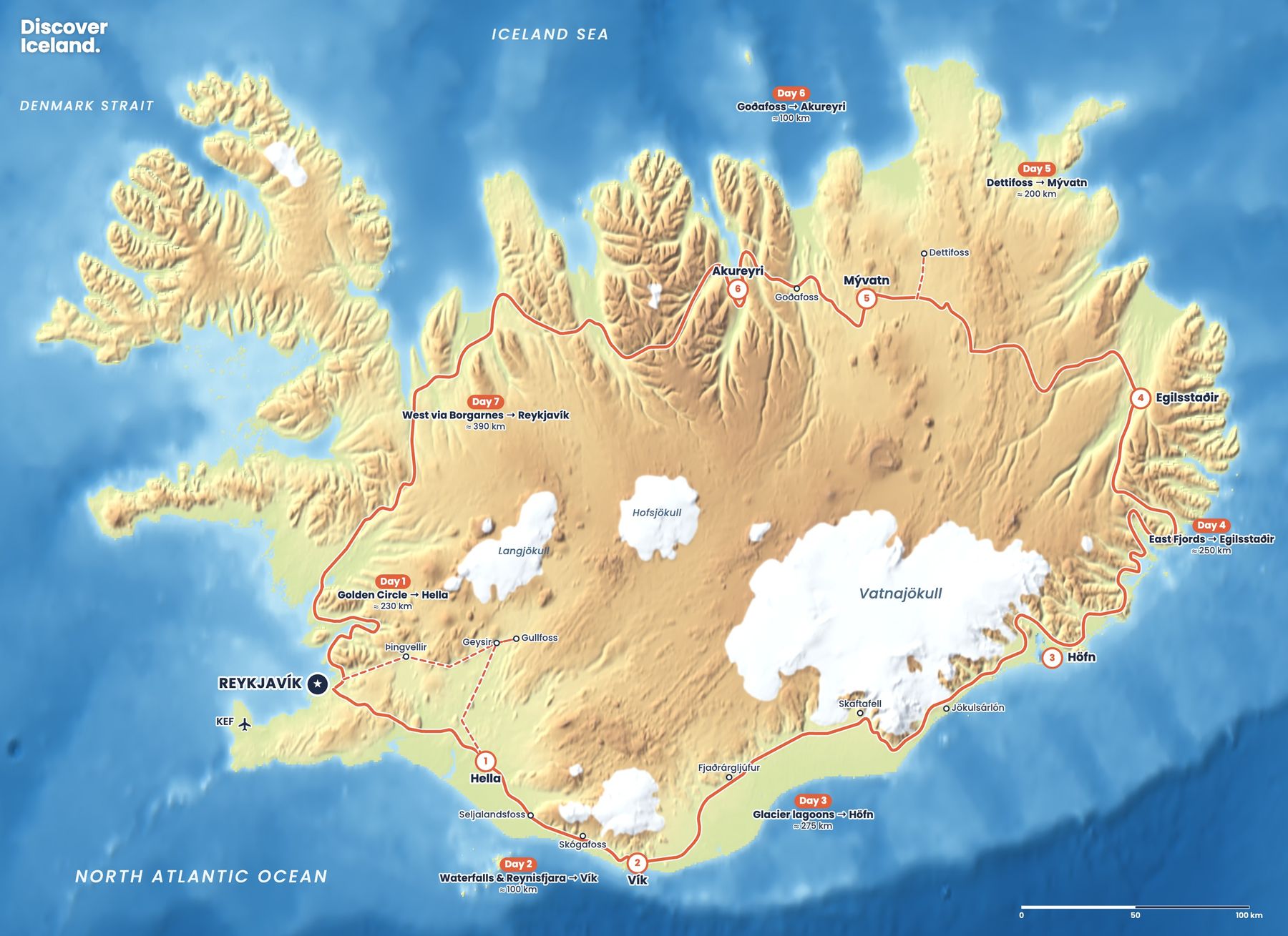 Map of the Ring Road route around Iceland with daily legs and overnight towns