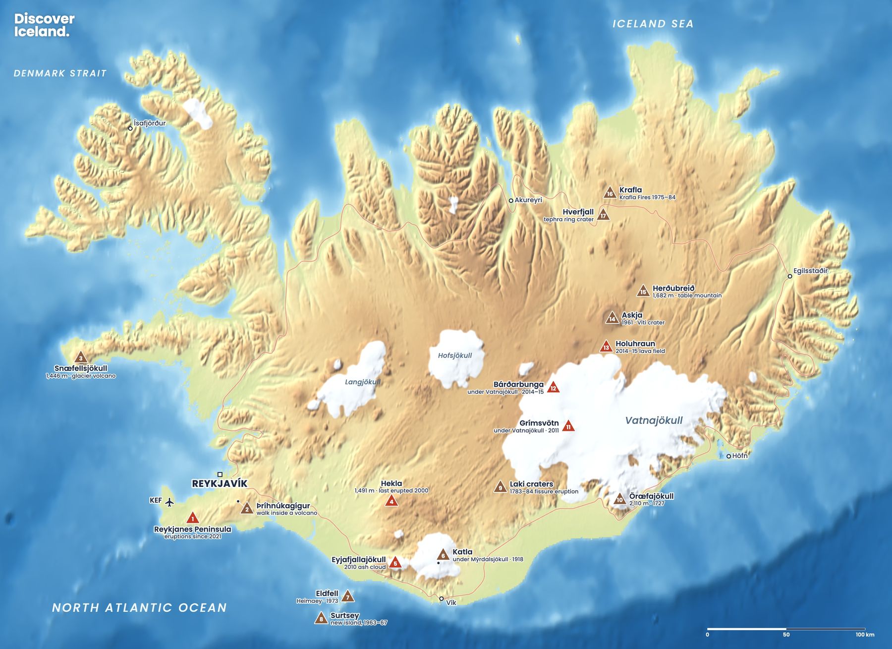 Map of Iceland with 17 numbered volcanoes, from the Reykjanes Peninsula to Krafla and Hverfjall