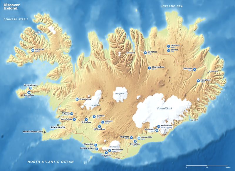 Discover Iceland map: Waterfalls