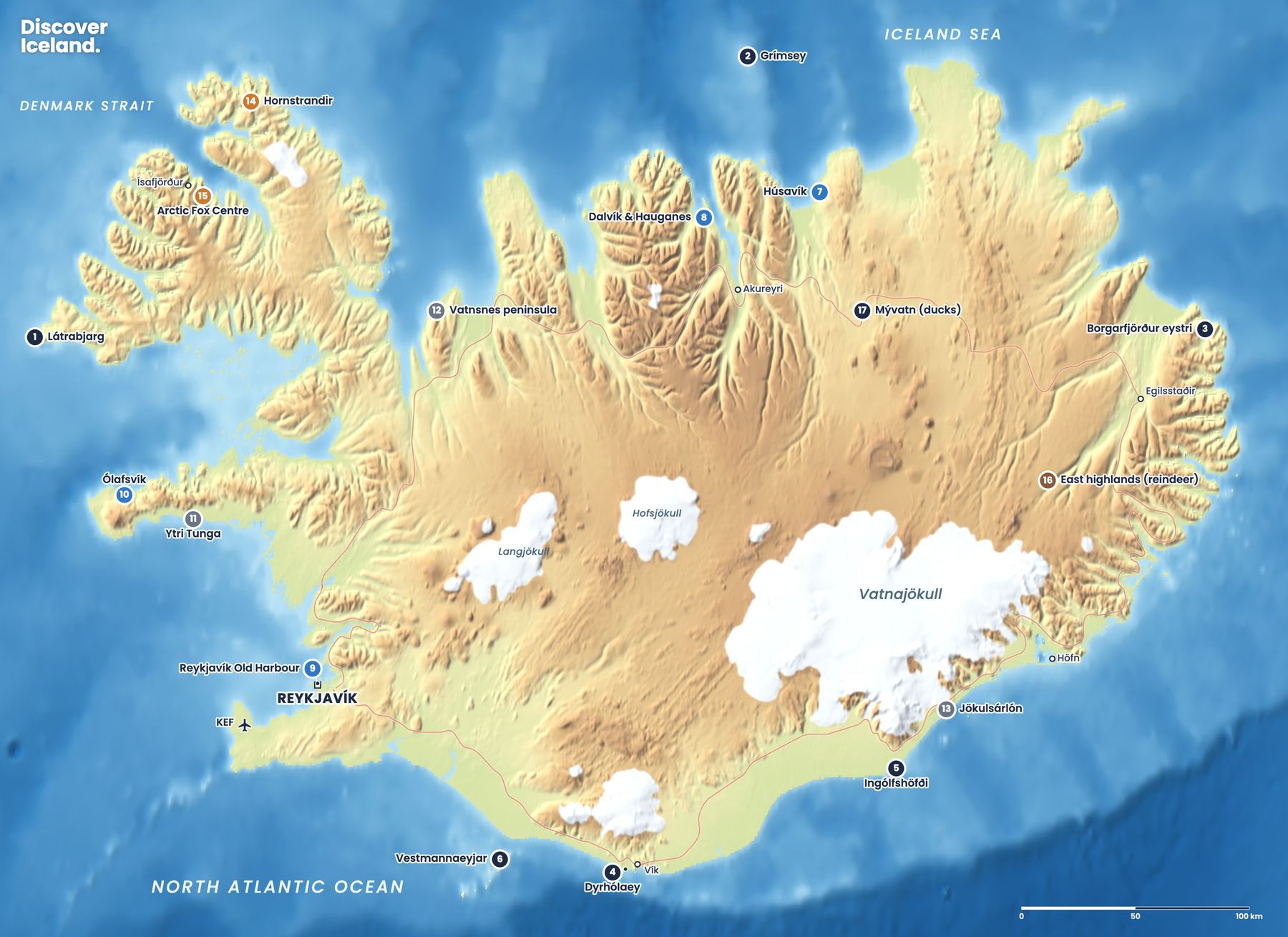 Map of Iceland's wildlife spots: puffin cliffs, whale-watching harbours, seal beaches, Arctic foxes and reindeer