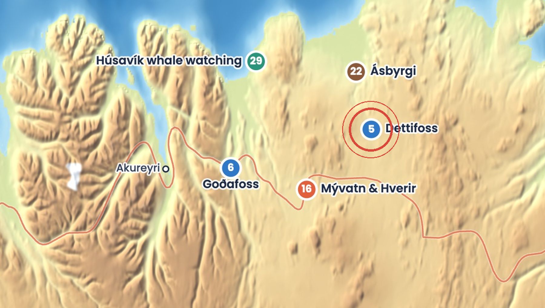 Discover Iceland map showing where Dettifoss is