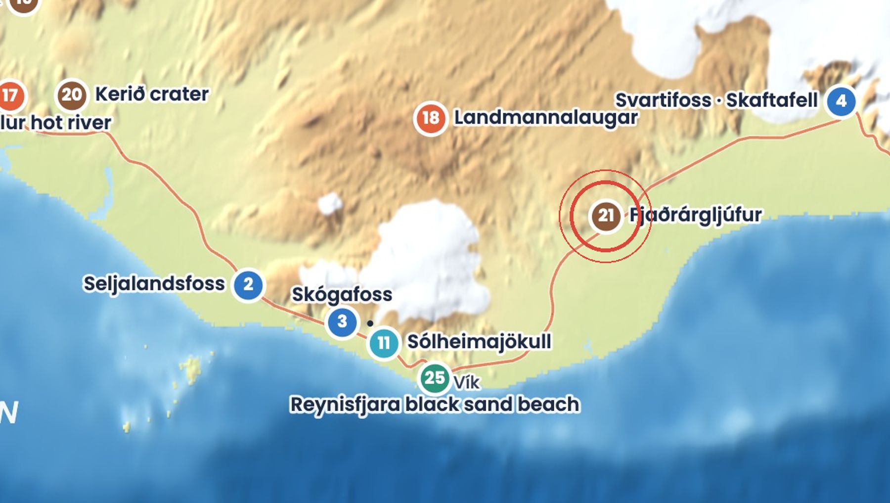 Discover Iceland map showing where Fjaðrárgljúfur is