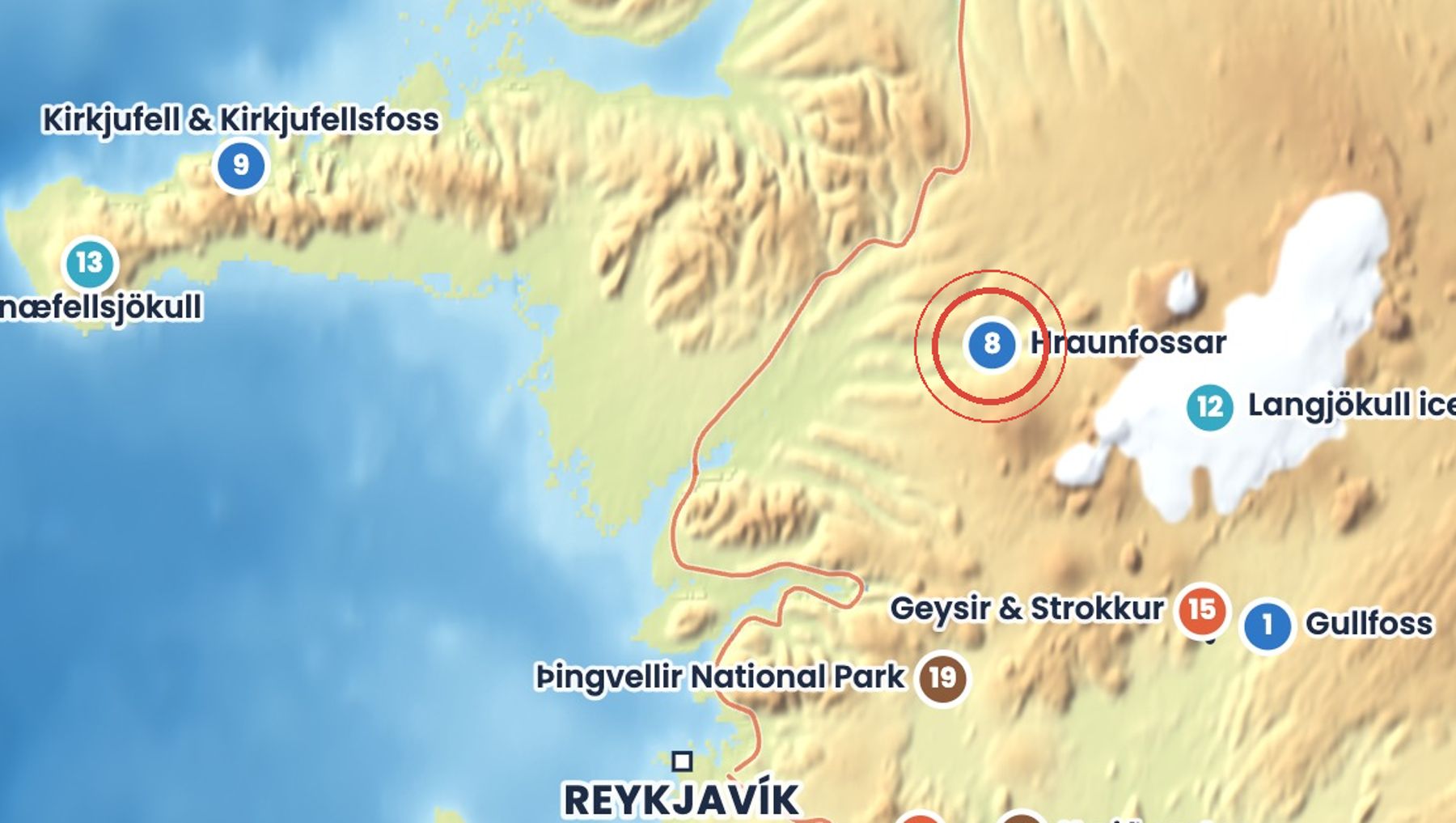 Discover Iceland map showing where Hraunfossar and Barnafoss is