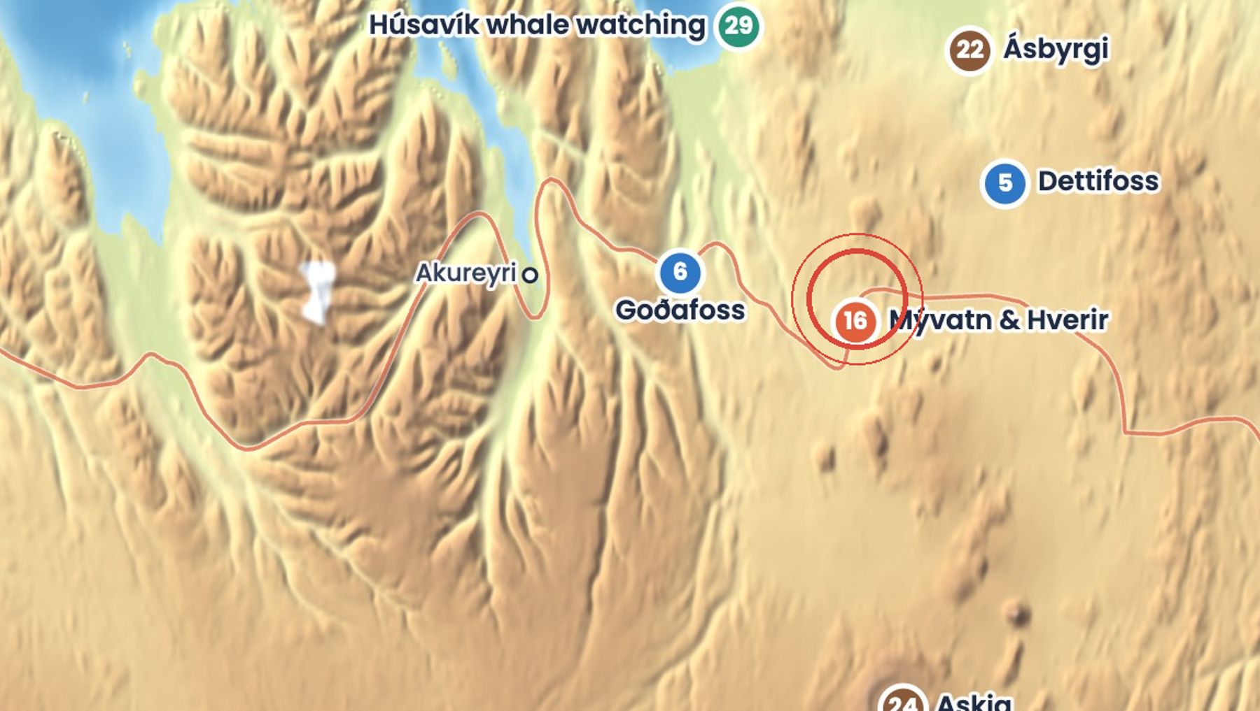Discover Iceland map showing where Lake Mývatn and Hverir is